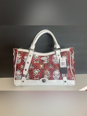 Ed Hardy White/Red Leopard/Skull Print Bag Love Kills Softly NEW!